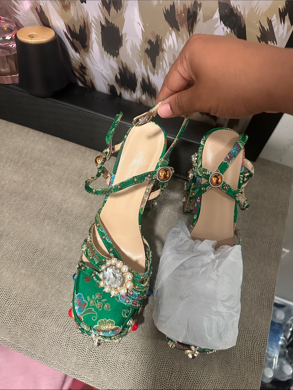 Embellished Green Satin Women's Slingback Heels